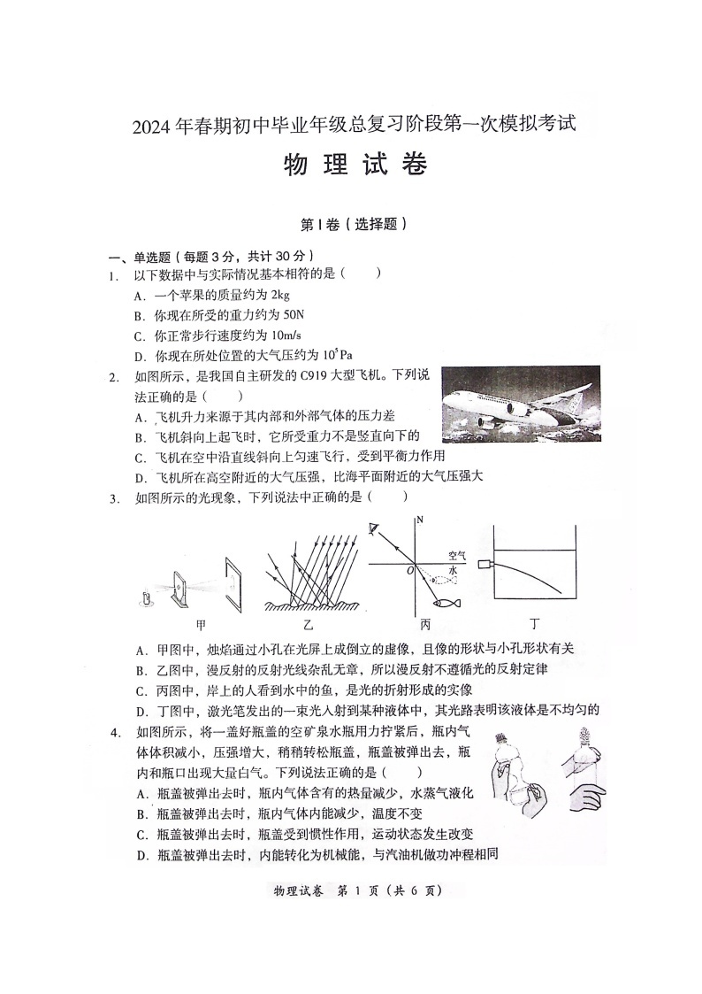 2024年四川省德阳市旌阳区中考一模考试物理试题01