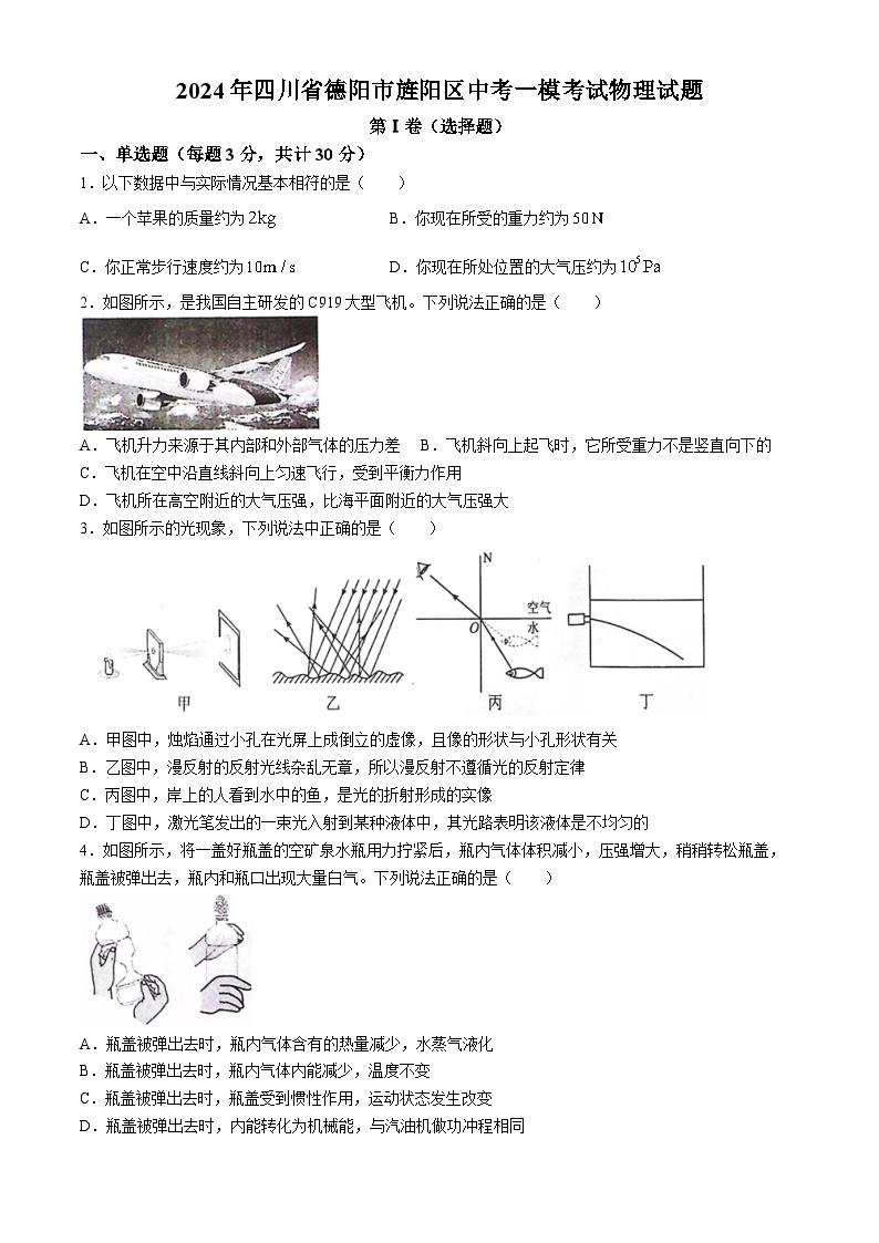 2024年四川省德阳市旌阳区中考一模考试物理试题(无答案)01