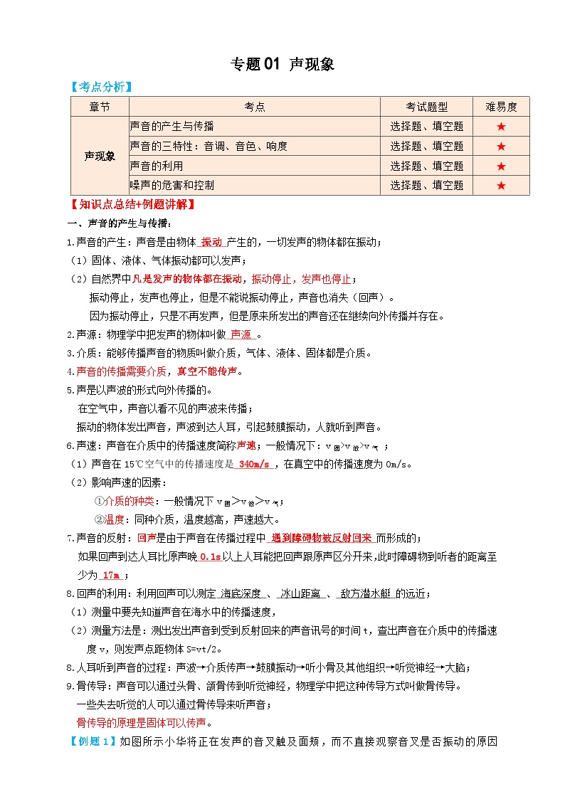 中考物理一轮复习考点过关 专题01声现象（知识点复习+例题讲解+过关练习） （含解析）