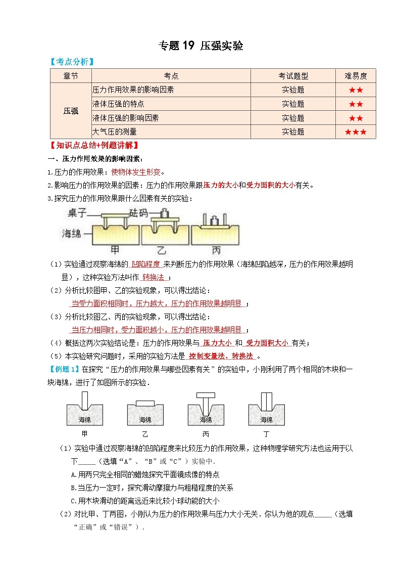 中考物理一轮复习考点过关 专题19压强实验（知识点复习+例题讲解+过关练习） （含解析）01