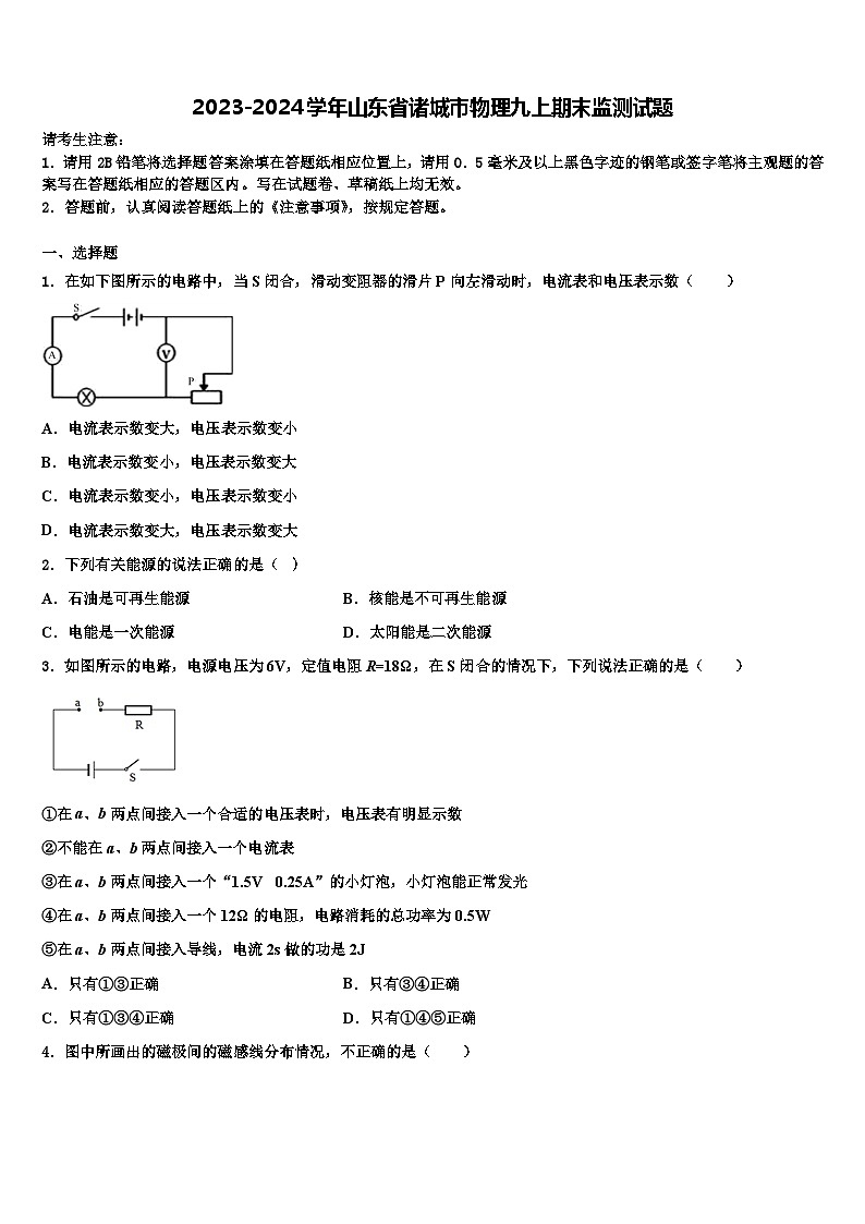 2023-2024学年山东省诸城市物理九上期末监测试题含解析第1页