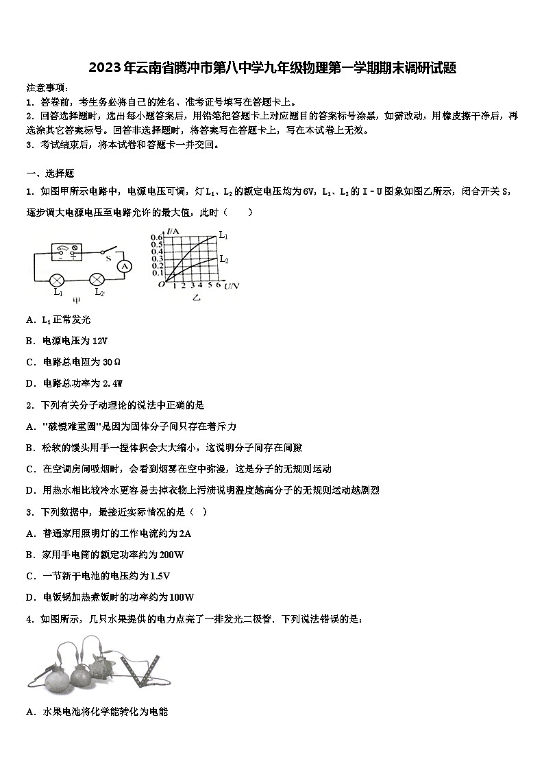 2023年云南省腾冲市第八中学九年级物理第一学期期末调研试题含解析第1页