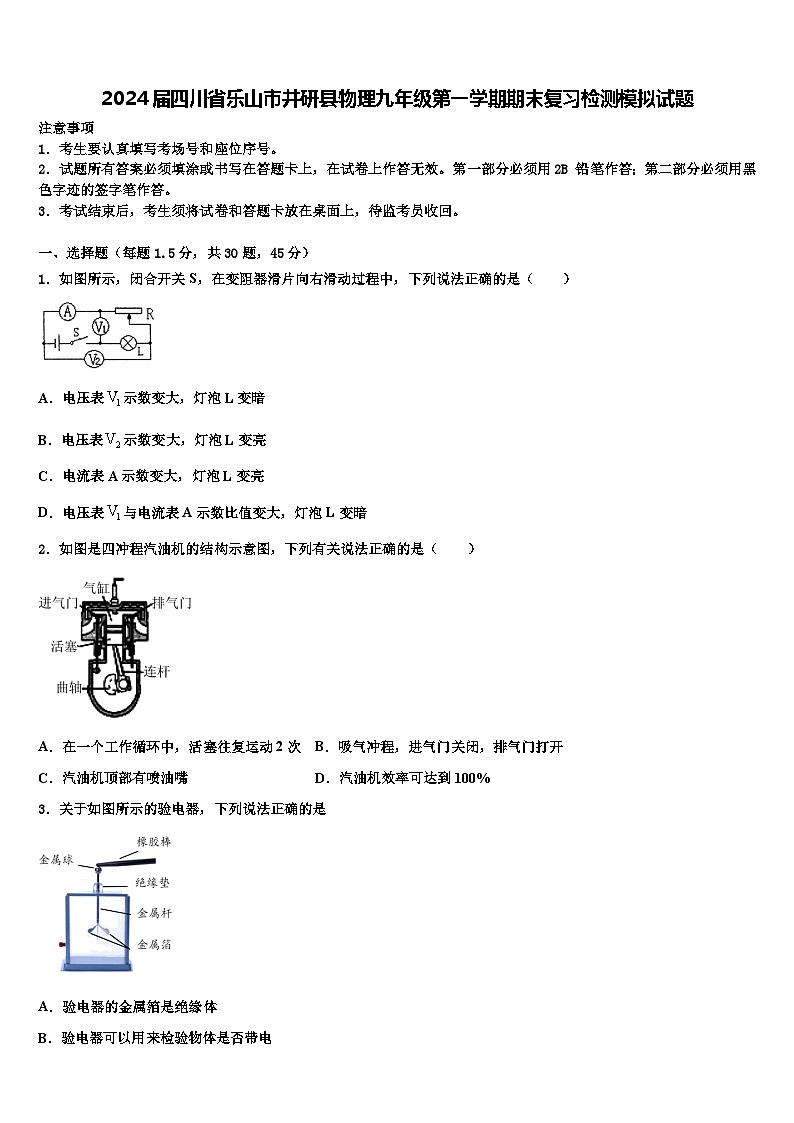 2024届四川省乐山市井研县物理九年级第一学期期末复习检测模拟试题含解析第1页