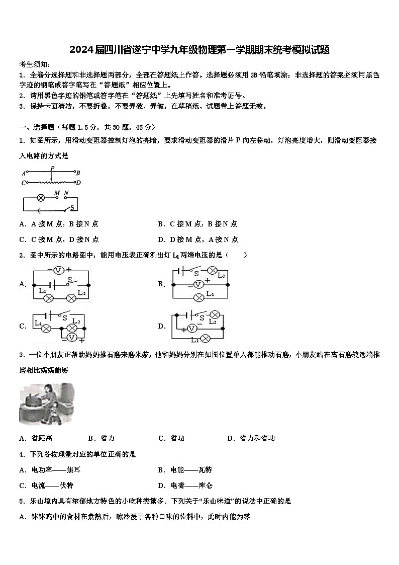2024届四川省遂宁中学九年级物理第一学期期末统考模拟试题含解析第1页