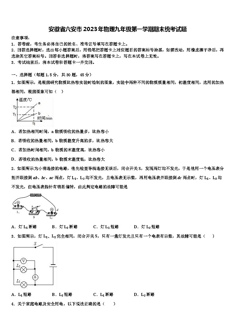 安徽省六安市2023年物理九年级第一学期期末统考试题含解析01