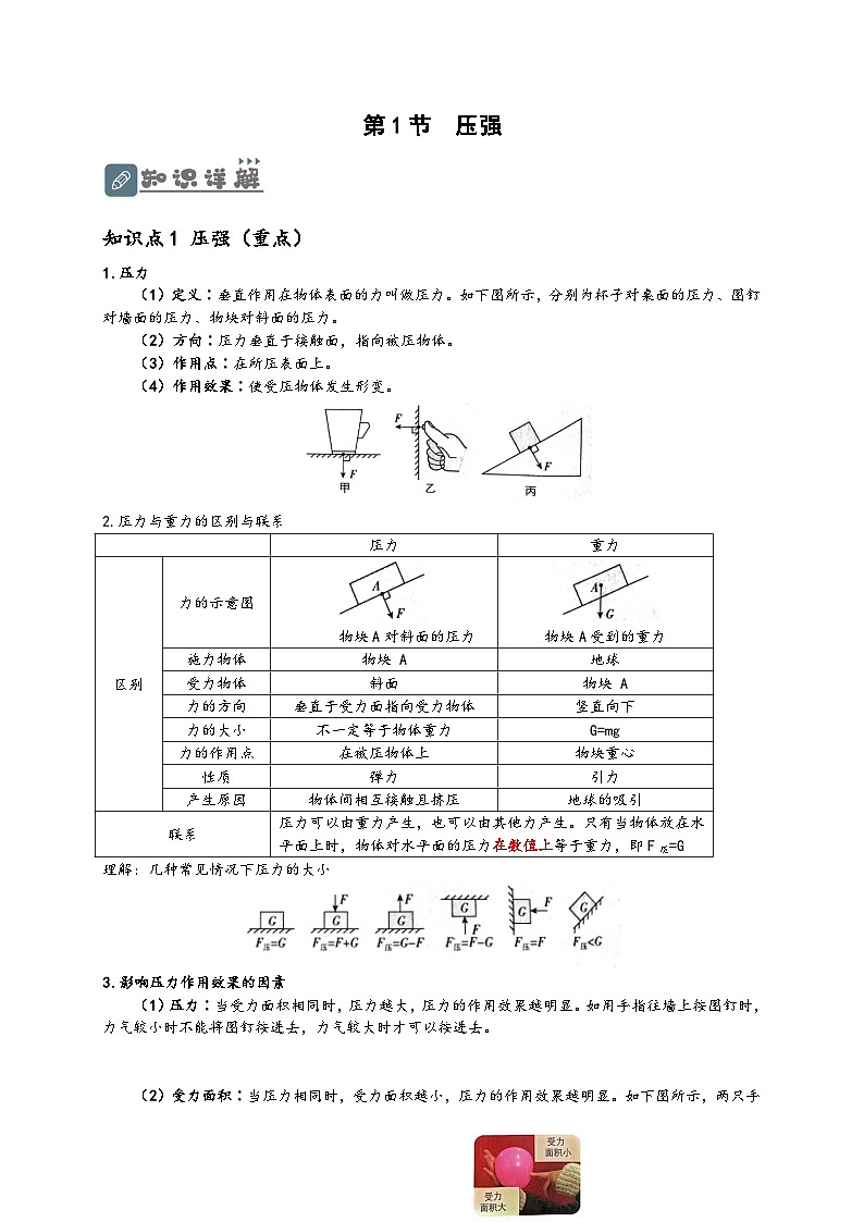 人教版八年级物理下册同步教学综合备课资源9.1压强(原卷版+解析)第1页