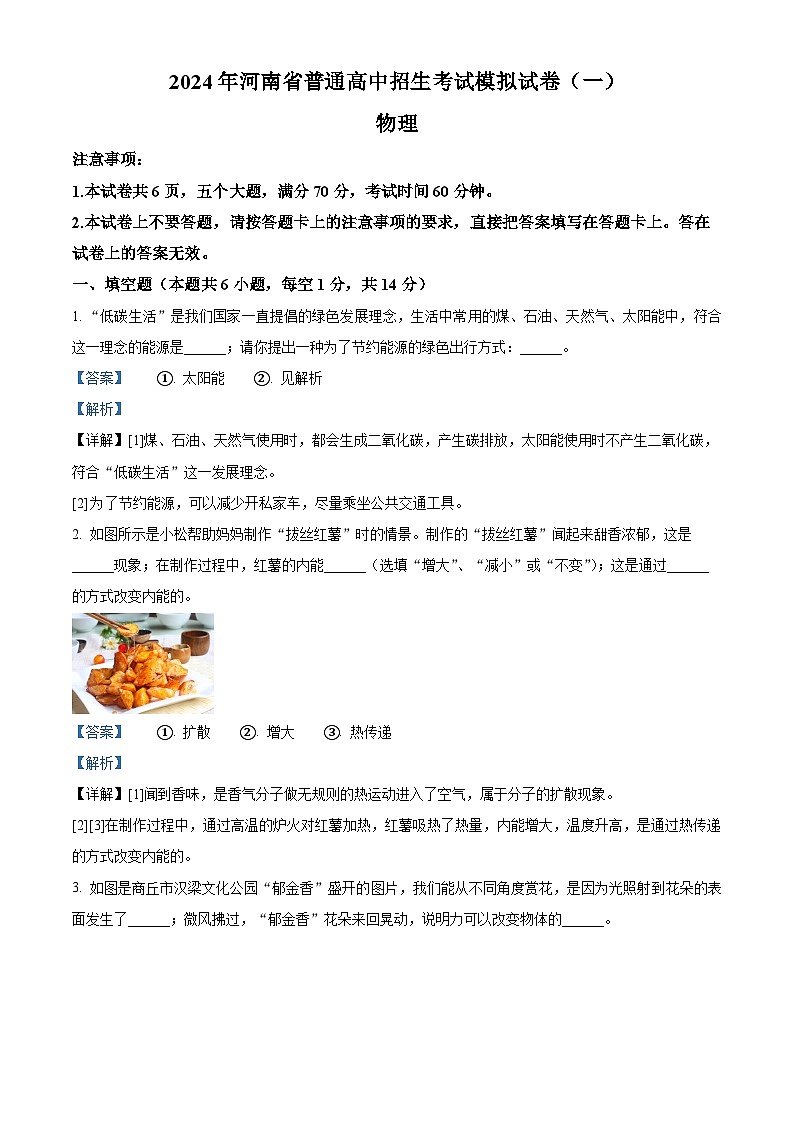 2024年河南省商丘市六中中考物理模拟考试一(解析版)第1页