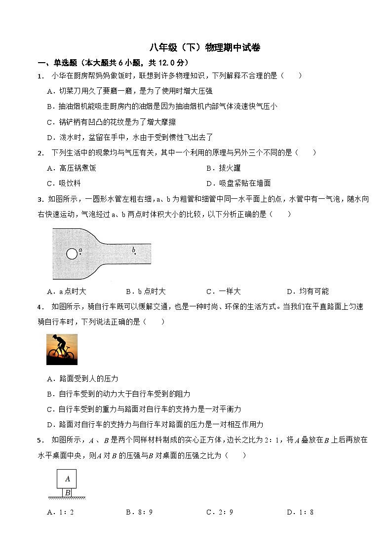 河南省安阳市2024年八年级(下)物理期中试卷(附答案)第1页