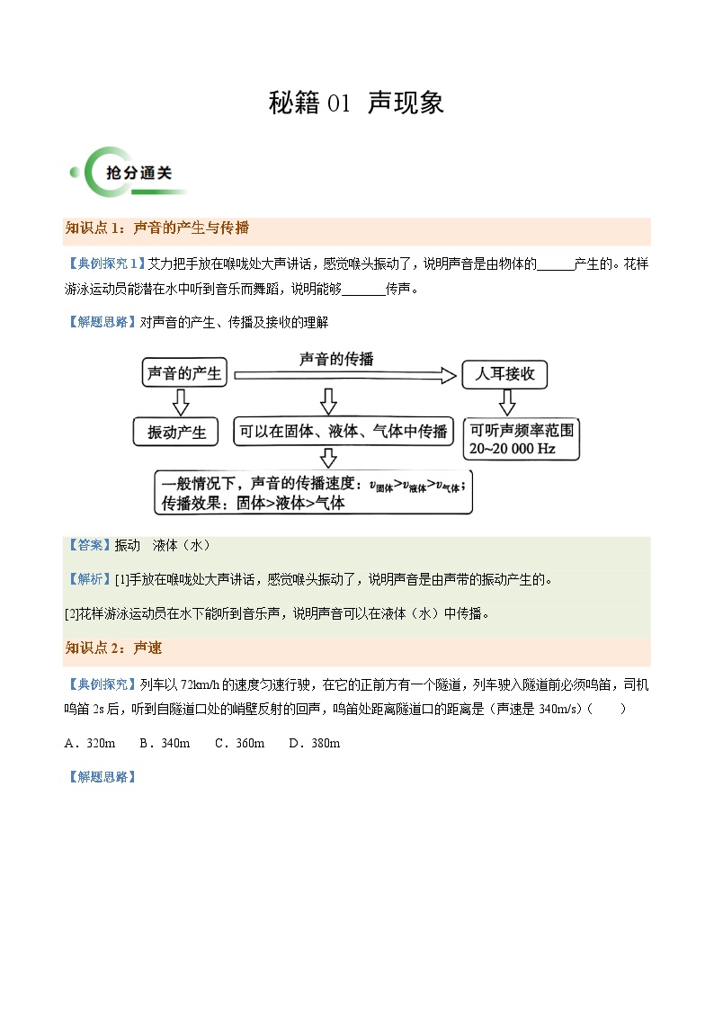 通关01 声现象-备战2024年中考物理二轮复习抢分秘籍试题（全国通用）