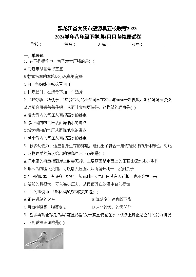 黑龙江省大庆市肇源县五校联考2023-2024学年八年级下学期4月月考物理试卷(含答案)第1页