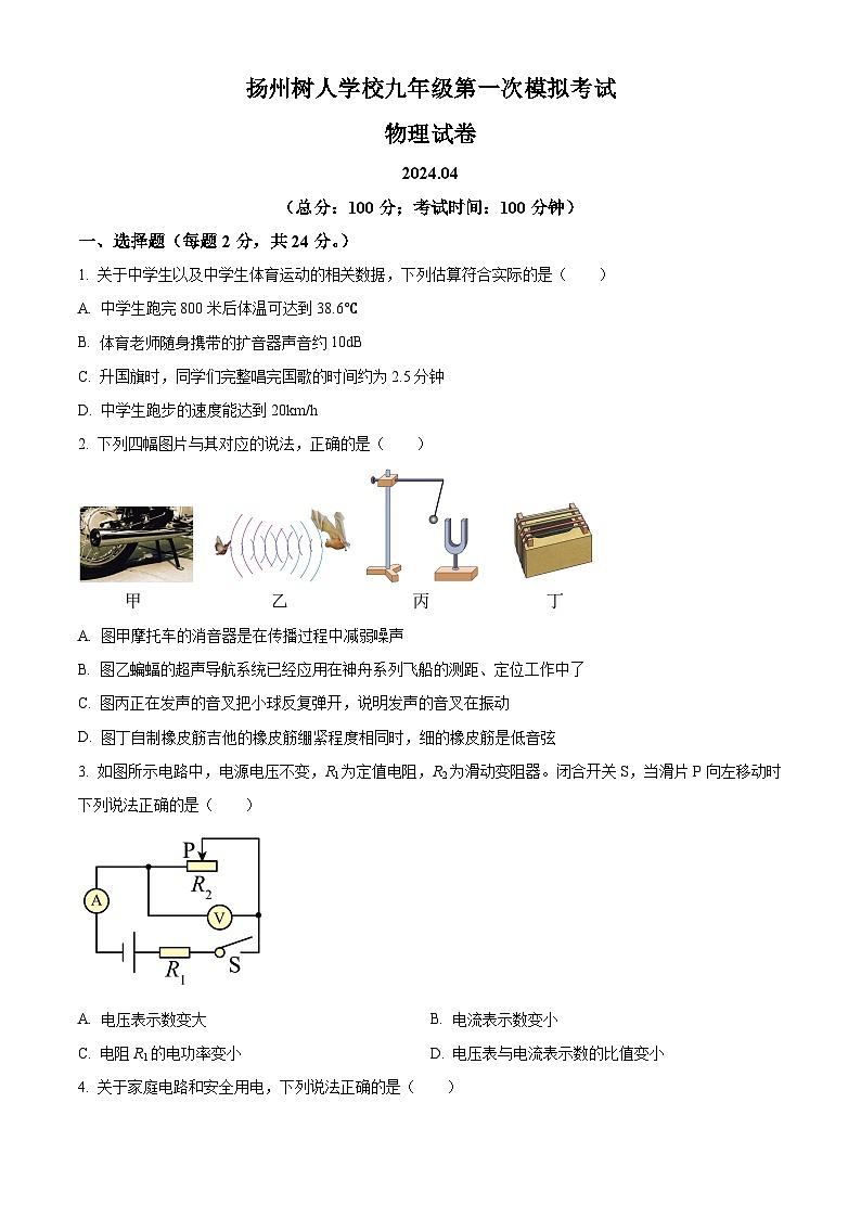 2024年江苏省扬州市树人学校中考一模物理试题(原卷版+解析版)01