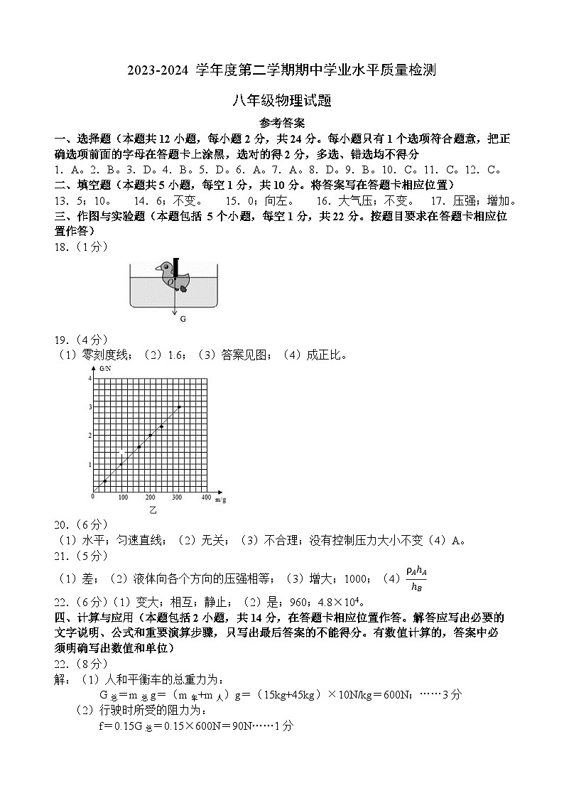 山东省菏泽市单县2023-2024学年八年级下学期4月期中考试物理试题 答案第1页