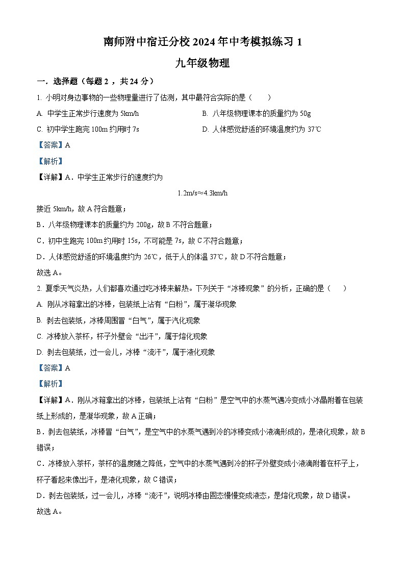 2024年江苏省南京师范大学附属中学宿迁分校中考物理模拟练习(解析版)第1页