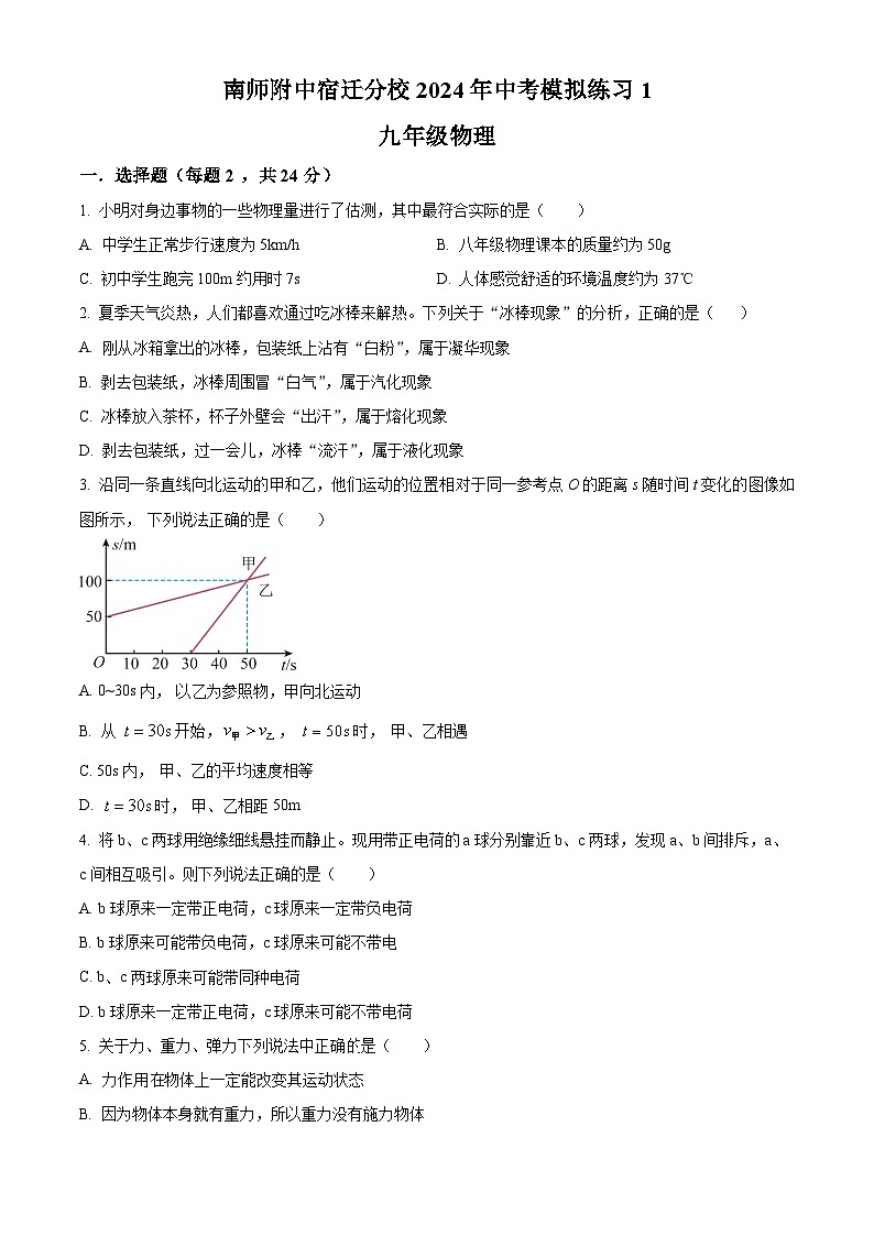 2024年江苏省南京师范大学附属中学宿迁分校中考物理模拟练习(原卷版)第1页