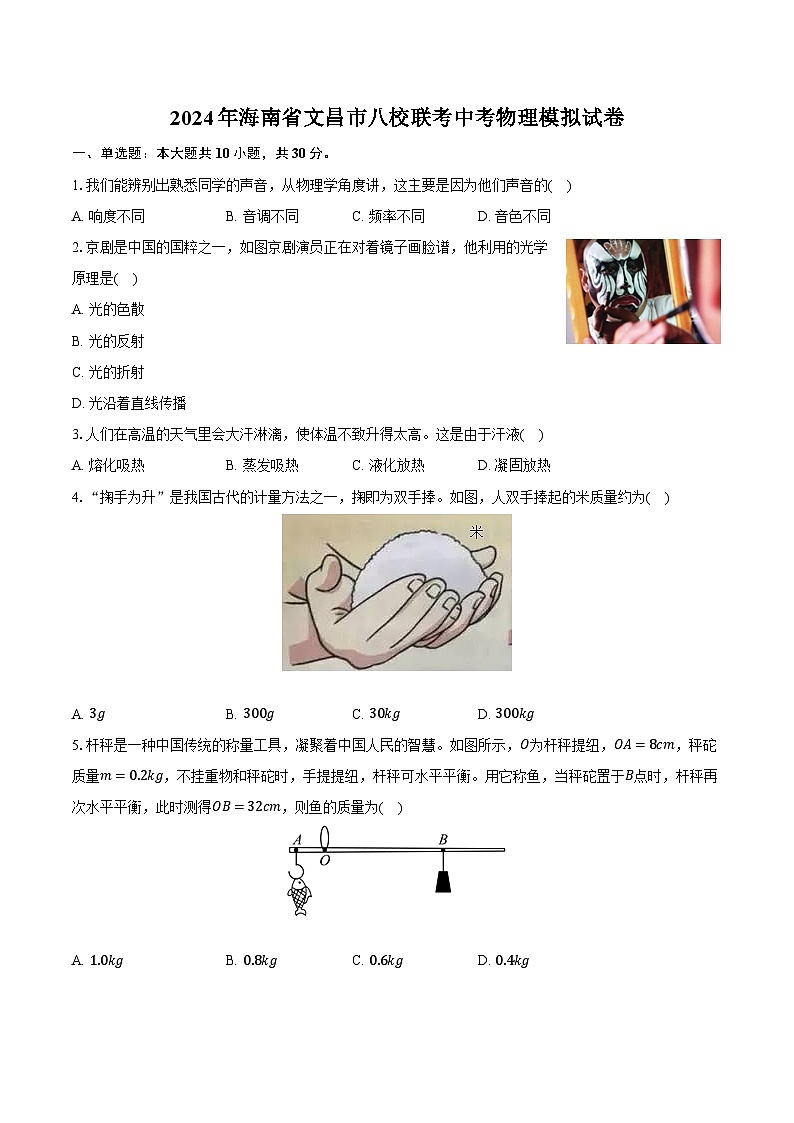 2024年海南省文昌市八校联考中考物理模拟试卷(含解析)第1页