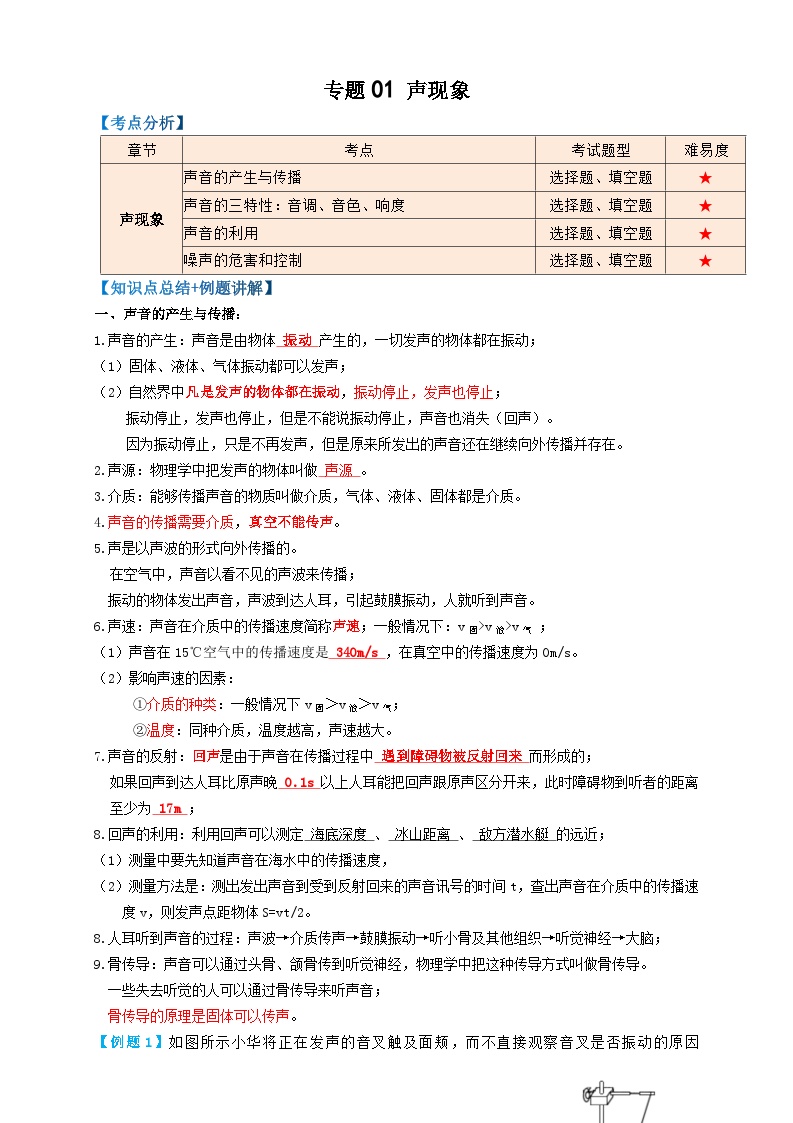 2024年中考物理必考考点专题01声现象（原卷版）