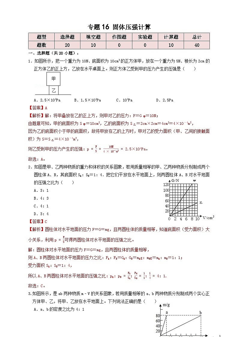 2024年中考物理必考考点专题16固体压强计算(解析版)第1页