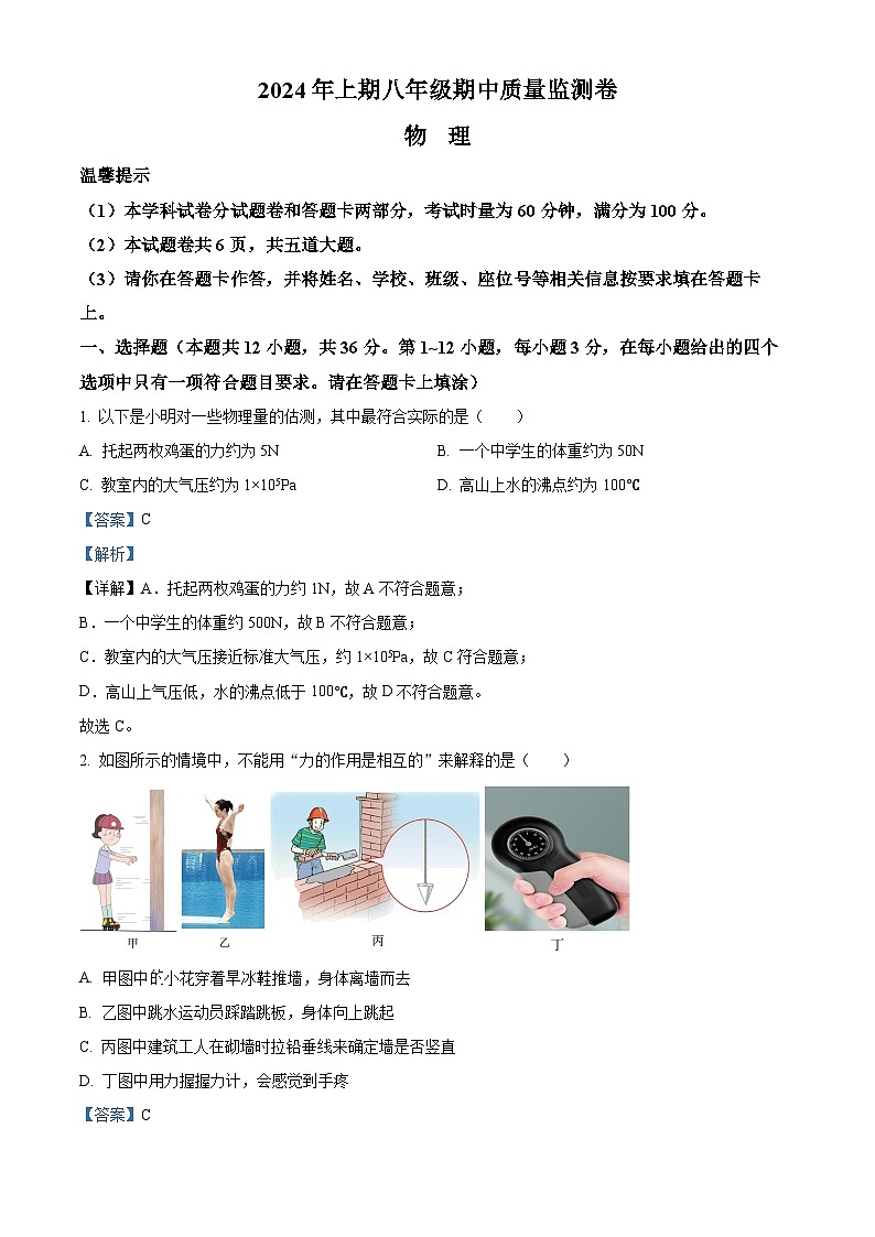 湖南省懷化市通道縣2023-2024學(xué)年八年級下學(xué)期期中考試物理試題（解析版）第1頁