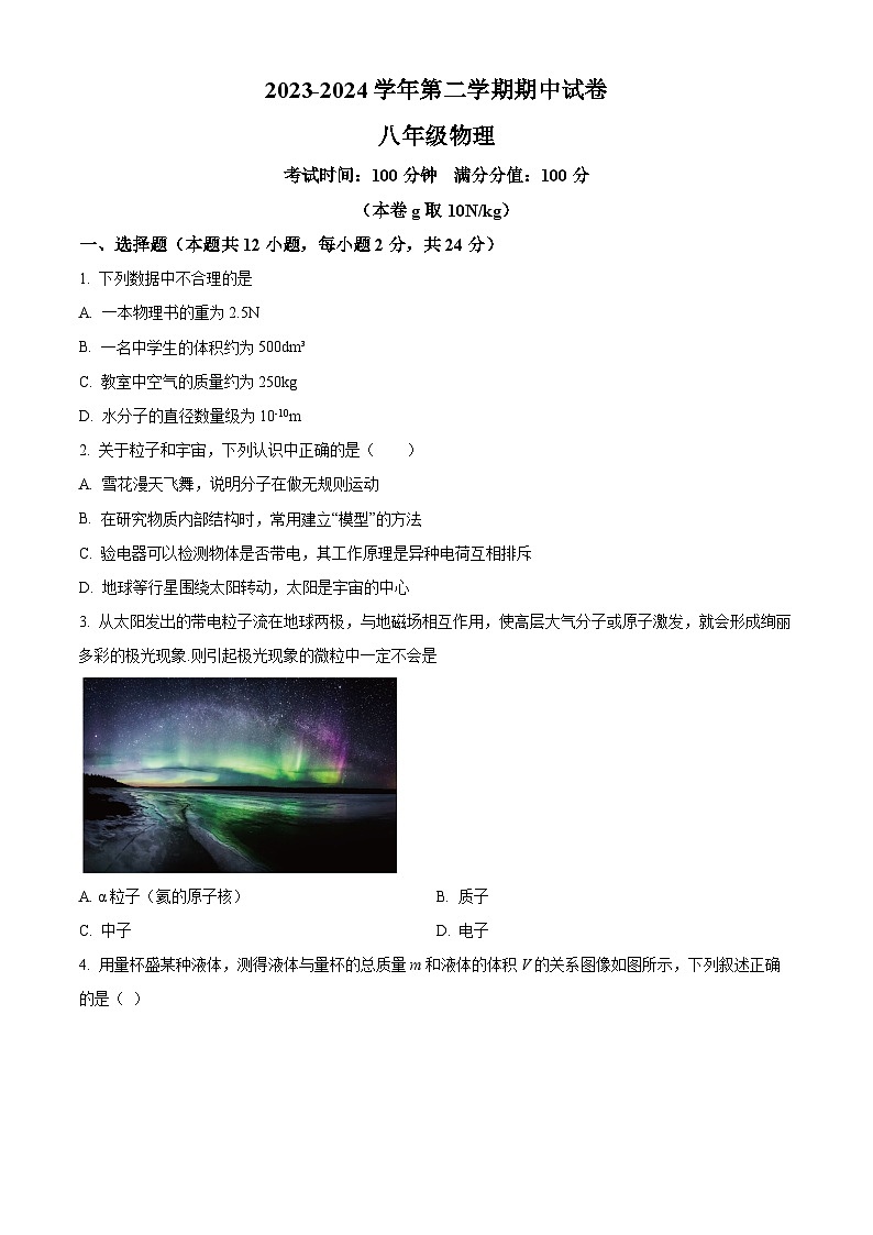 江苏省无锡市侨谊实验中学2023-2024年八年级物理下学期期中卷(原卷版)第1页