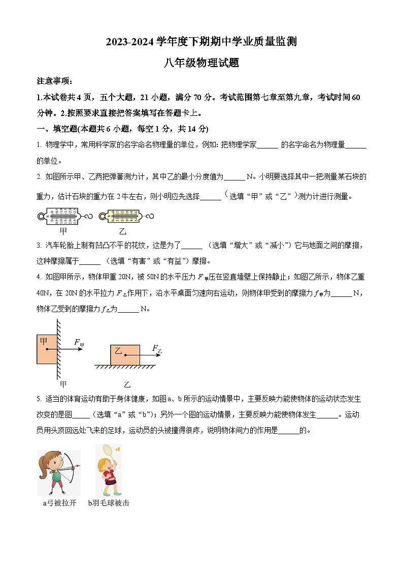 河南省信阳市息县2023-2024学年八年级下学期期中学业质量监测物理试题(原卷版)第1页