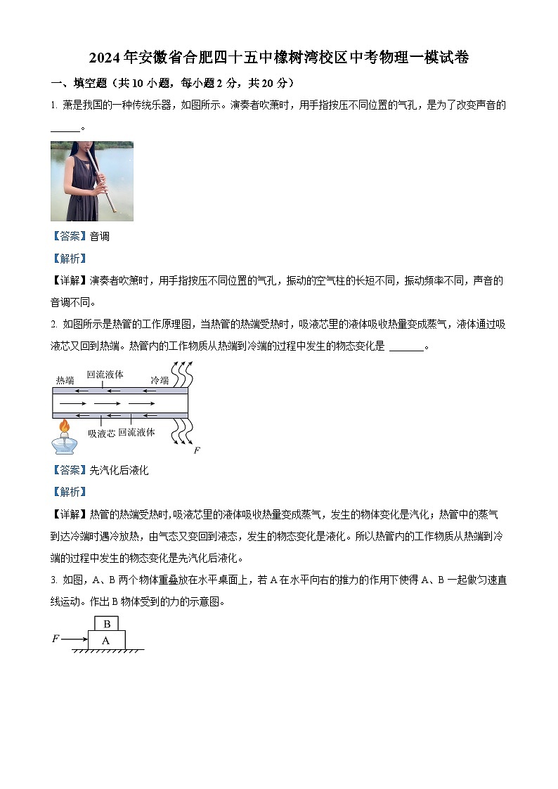 2024年安徽省合肥四十五中橡树湾校区中考物理一模试卷(原卷版+解析版)01
