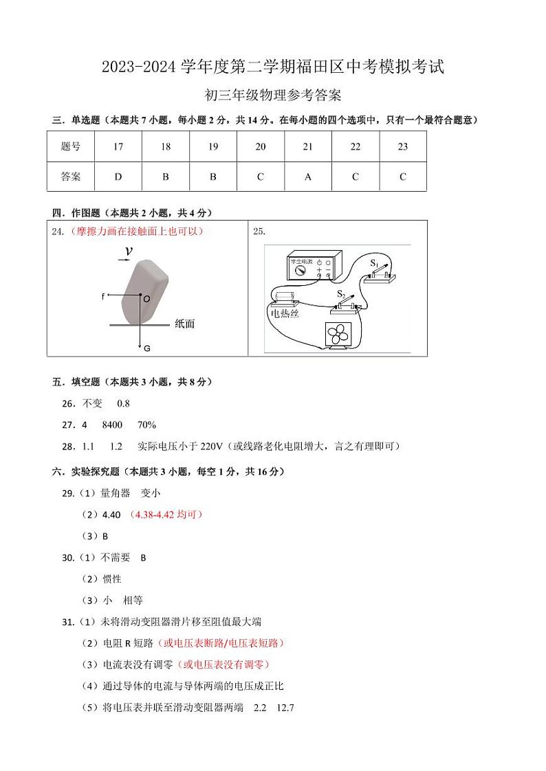 2024年5月深圳市福田区初三二模物理答案第1页