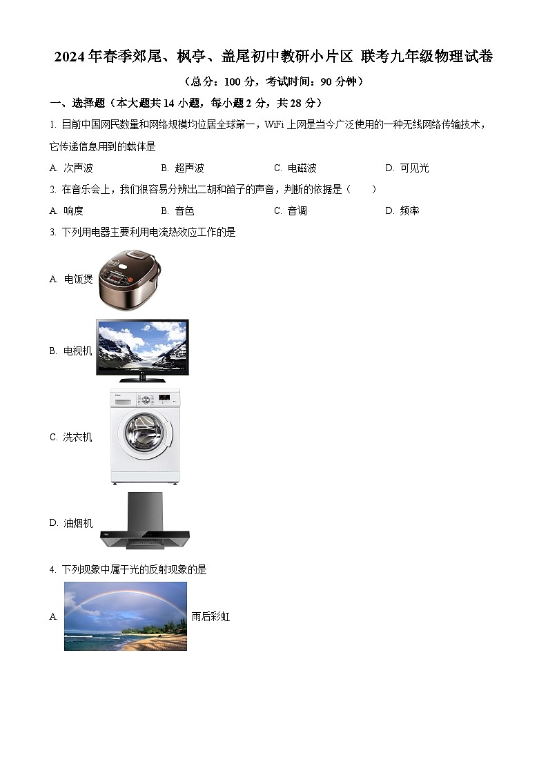 福建省莆田市仙游县郊尾、枫亭教研片区2023-2024学年九年级下学期4月月考物理试题(原卷版)第1页