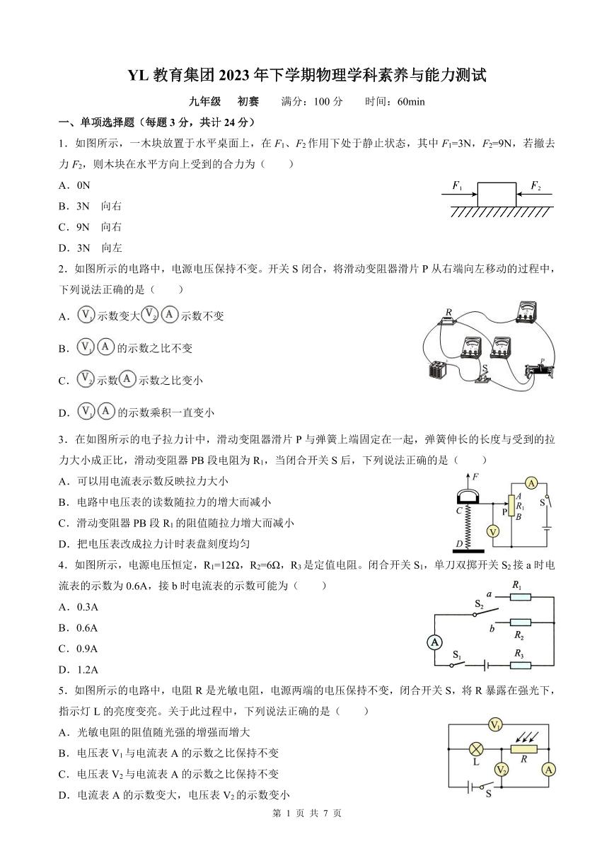 雅礼教育集团 2023 年八年级下学期物理学科素养与能力测试试卷及参考答案