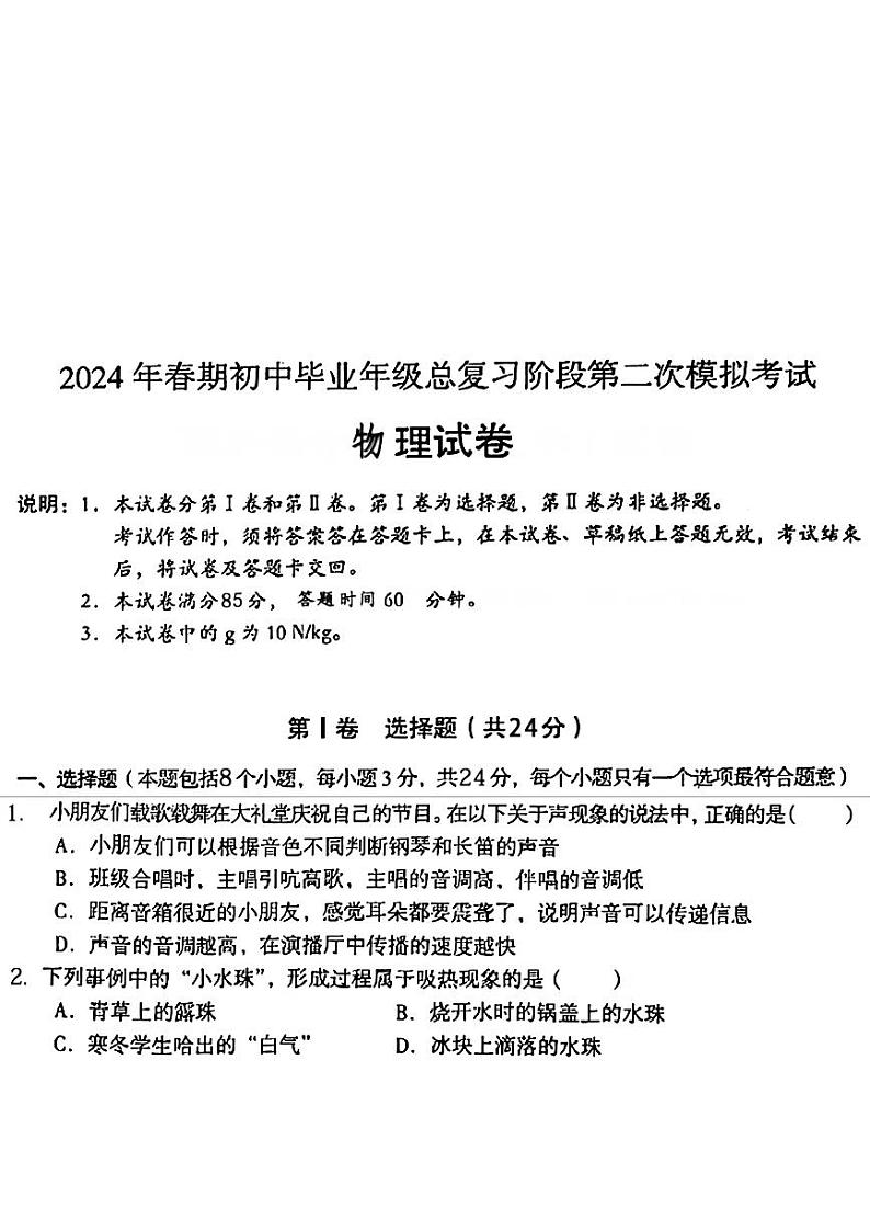 2024年四川省德阳市旌阳区中考二模考试物理试题01