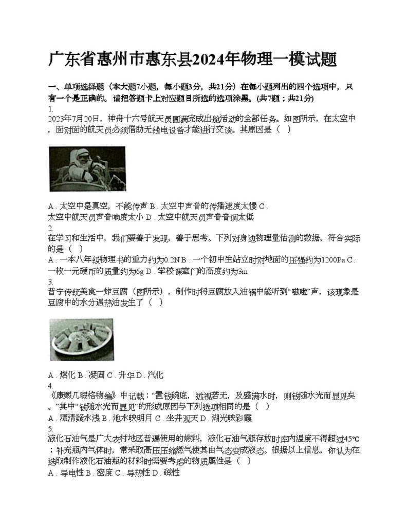 广东省惠州市惠东县2024年中考物理一模试题01