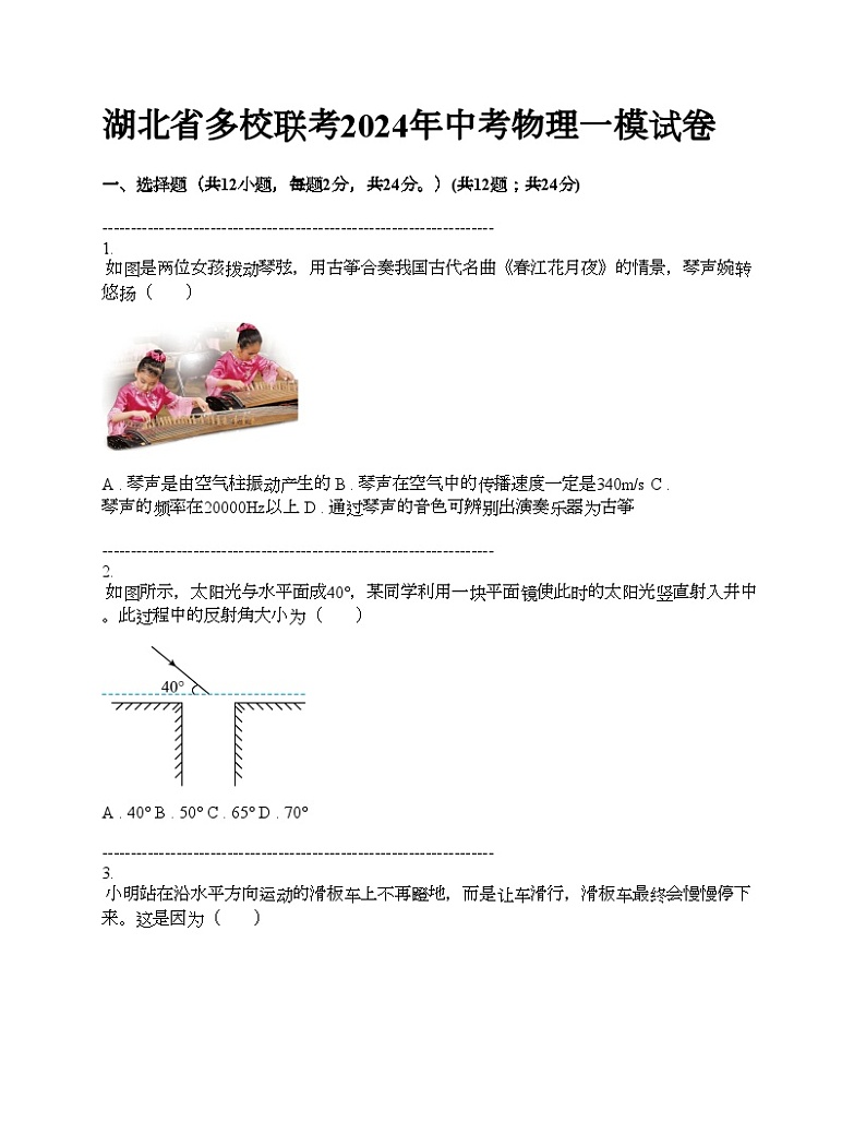 湖北省多校联考2024年中考物理一模试卷01