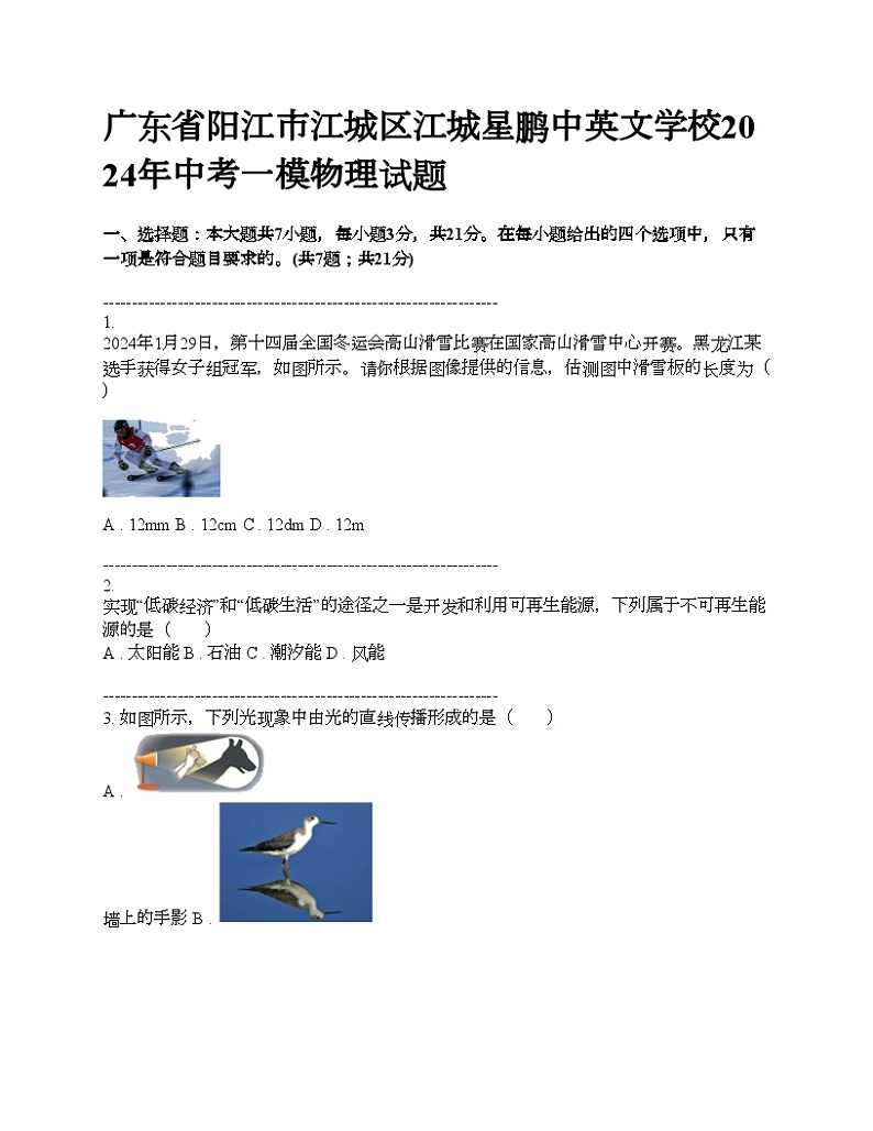 广东省阳江市江城区江城星鹏中英文学校2024年中考一模物理试题01
