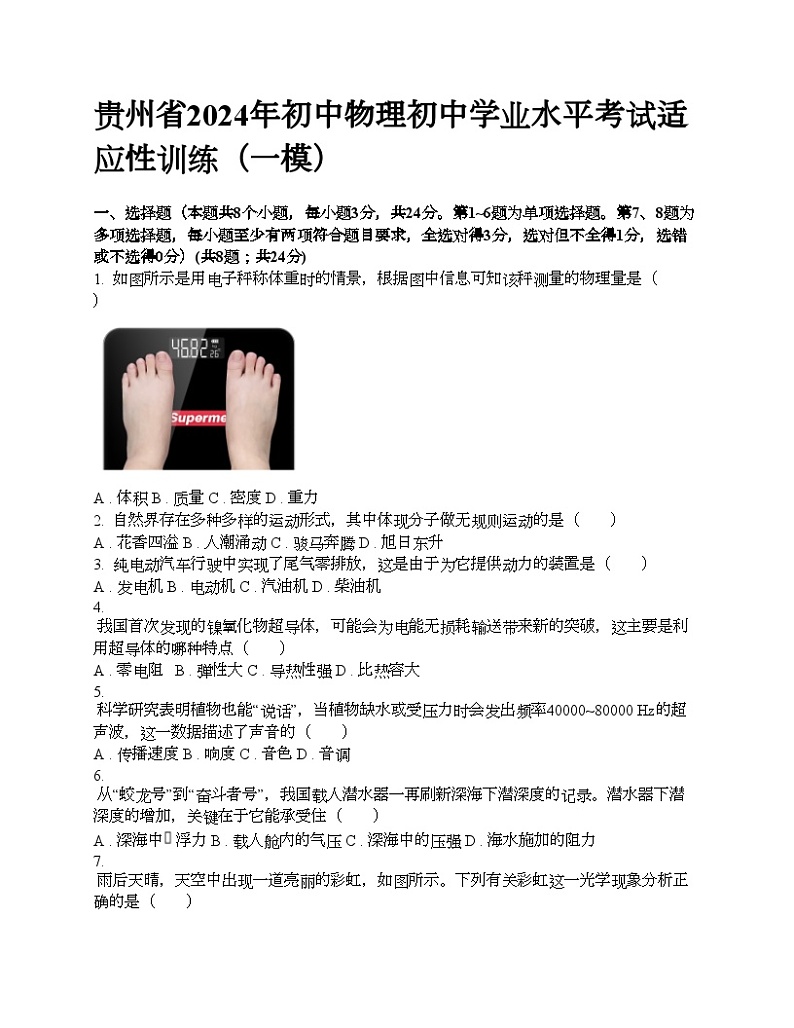 贵州省2024年初中物理初中学业水平考试适应性训练(一模)01