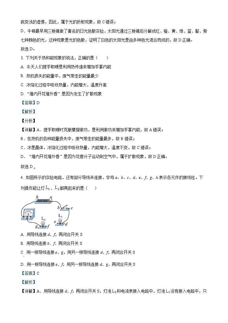 四川省雅安市2024年中考一模考试理科综合题-初中物理(原卷版+解析版)02