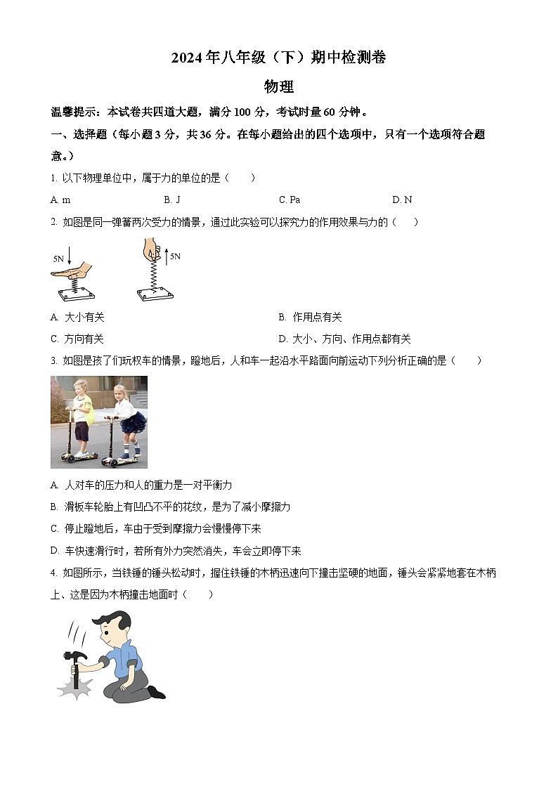 湖南省邵陽市大祥區(qū)渡頭橋中學2023-2024學年八年級下學期期中考試物理試題（原卷版）第1頁