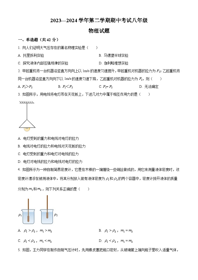 山东省德州市第九中学2023-2024学年八年级下学期期中考试物理试题(原卷版)第1页