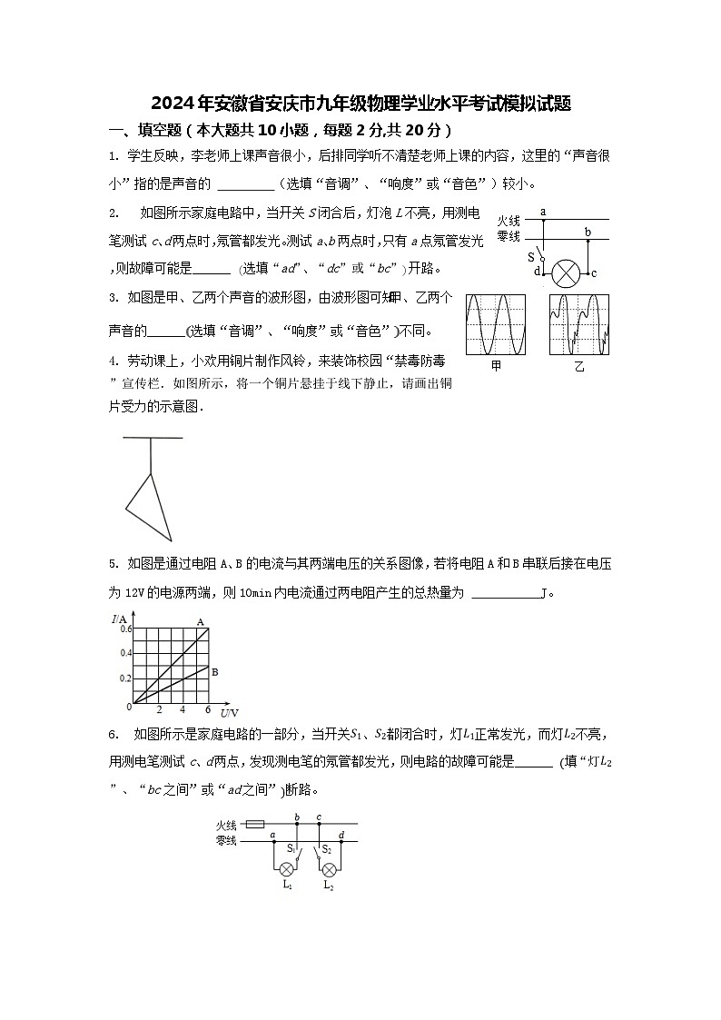 2024年安徽省安庆市九年级中考物理学业水平考试模拟试题第1页