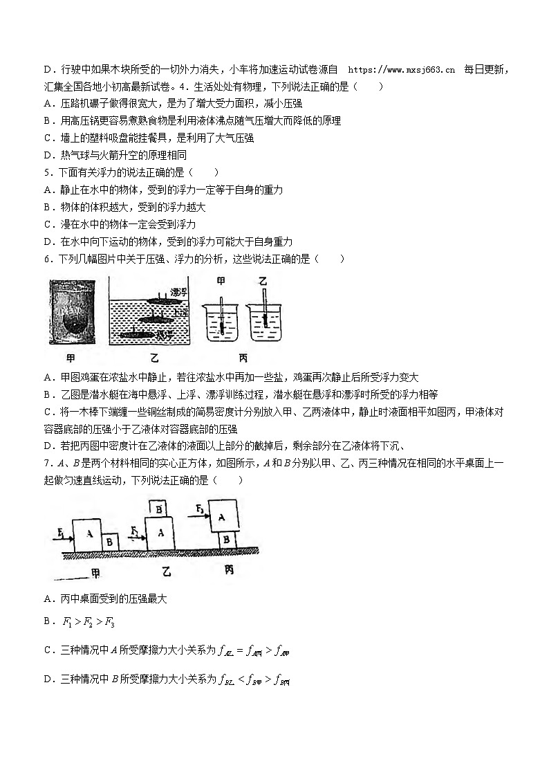辽宁省沈阳市南昌初级中学2023-2024学年八年级下学期期中考试物理试题(无答案)第3页