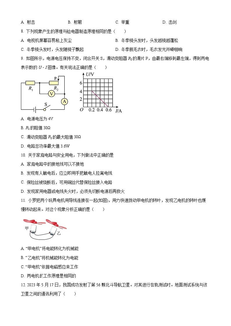 2024年湖北省枣阳市中考适应性考试物理试题(原卷版)第3页