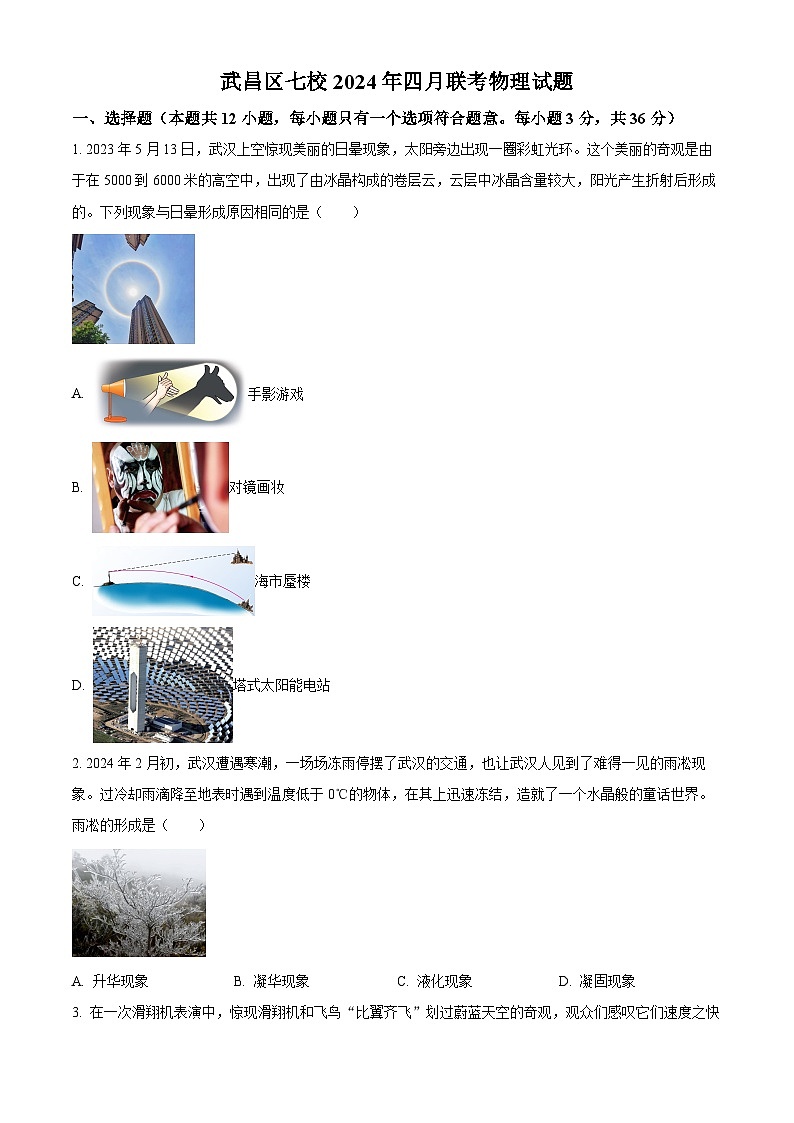 2024年湖北省武汉市武昌区七校联考中考二模物理试题(原卷版+解析版)01