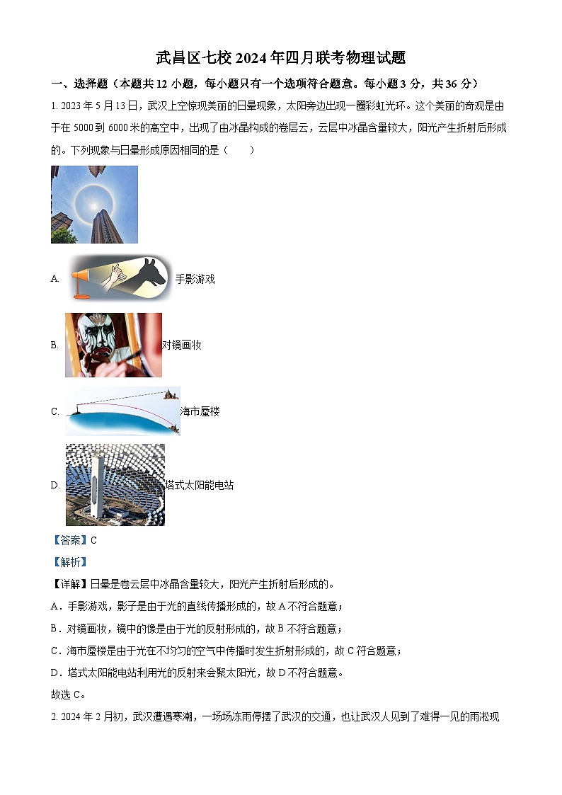 2024年湖北省武汉市武昌区七校联考中考二模物理试题(原卷版+解析版)01