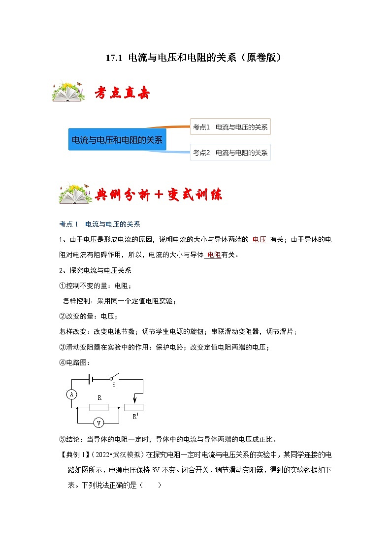 人教版九年级物理全一册同步考点专题训练17.1电流与电压和电阻的关系(原卷版+解析)01