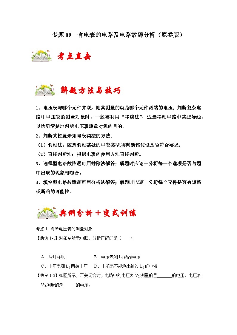人教版九年级物理全一册同步考点专题训练专题09含电表的电路及电路故障分析(原卷版+解析)第1页