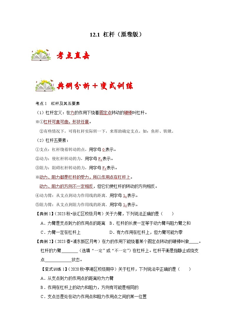 人教版八年级物理下册同步考点专题训练12.1杠杆(原卷版+解析)第1页