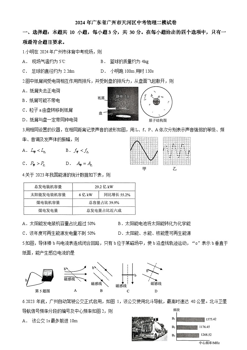 2024年广东省广州市天河区中考物理二模试卷(含答案)第1页