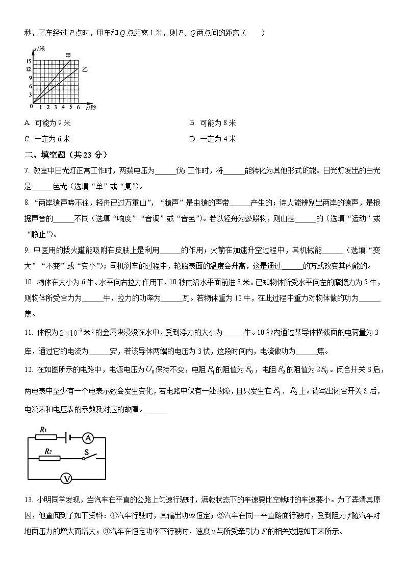 2024年上海市黄浦区中考三模考试物理试卷含详解02