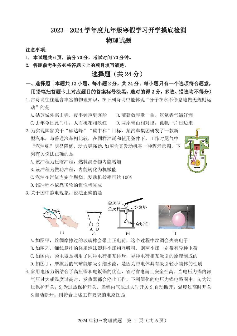 山东省菏泽市成武县育青中学2023-2024学年九年级下学期开学考试物理试题含答案