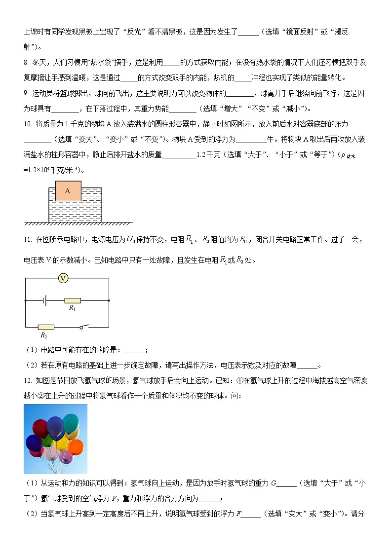 2024年上海市民办位育中学九年级5月月考物理试卷含详解第2页