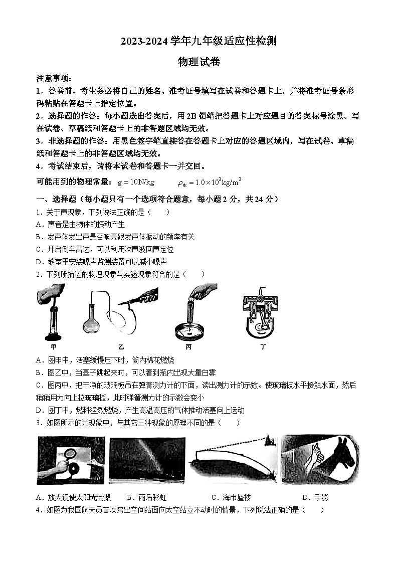 2024年湖北省咸宁市中考一模考试物理试题(无答案)第1页