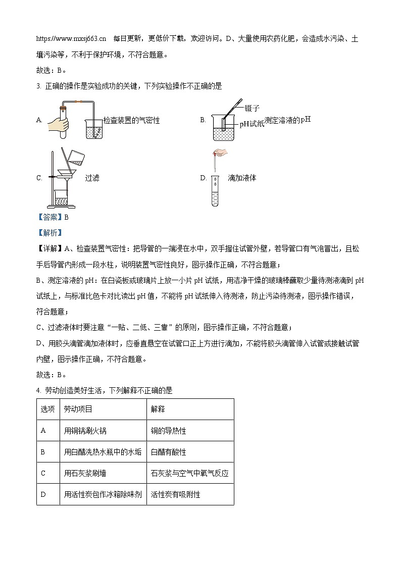 湖北省咸宁市2023—2024学年九年级适应性检测物理、化学试卷-初中化学02